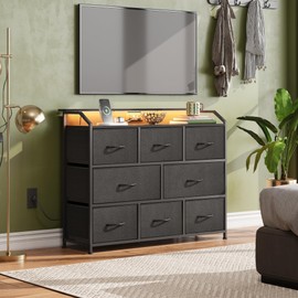 WLIVE Led Dresser for Bedroom, Black Dresser TV Stand for Bedroom with LED Lights and Power Outlet, Wide Chest of Drawers for Hallway, 8 Fabric Drawers for Living Room and Entryway, Easy to Assemble