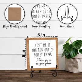 Bathroom Decor Wood Sign, Text Me If You Run Out Of Toilet Paper Funny Toilet Wood Block, 5x5 Inch Wood Sign Comes With Iron Stand, Perfect For Home Bathroom Toilet Restroom Decor, Set Of 1-30