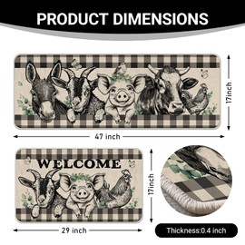 Livcoz Welcome Farm Animals Grey Kitchen Rugs Set of 2, Farmhouse Pig Goat Rooster Highland Cow Horse Floor Mats Home Decor, Gray Plaid Bird Butterfly Door Mat Decorations - 17x29 and 17x47 Inches