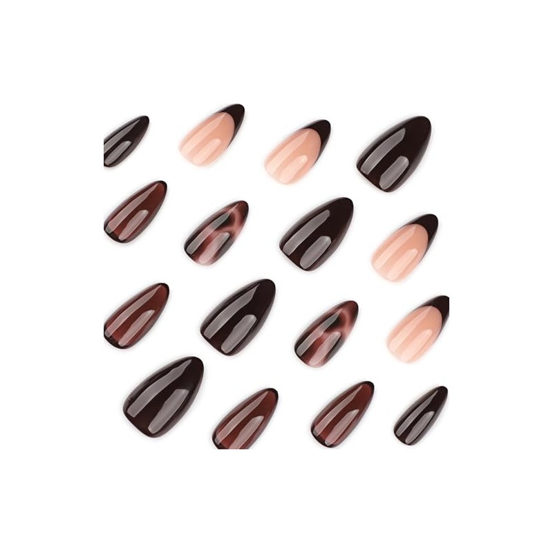 Uñas postizas de color marrón oscuro con punta francesa y