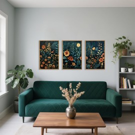 Celestdeco Vintage Dark Botanical Framed Canvas Wall Art Set, Colorful Floral Wall Decor, Nature Wildflower Wall Painting, Colorful Blossom Art Prints for Living Room, Bedroom, Office - 16"X24"X3