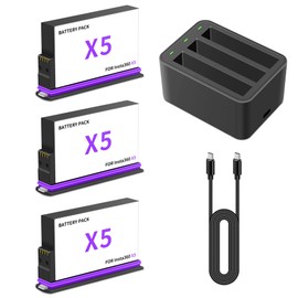 Battery Charger Set, 3-Pack Camera Battery Compatible for Insta360 X5, Support 3-Channel Fast Charger Hub simultaneously for Battery with Type-C Cable Upgrade Batteries 3.89V 2500mAh