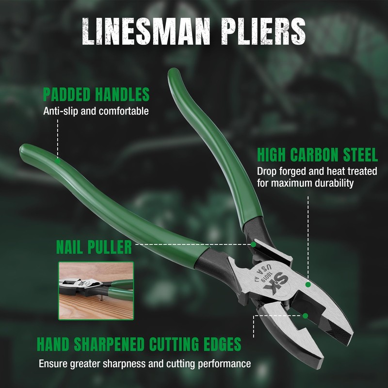 SK Tools USA 9-Inch Linesman Pliers, Wire Cutters with Heavy