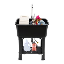 Utility Sink Laundry Tub Sink Freestanding Plastic Laundry Sink for Laundry Room, Garage, Garden, Basement, Indoor Outdoor Basement Wash Tub with Faucet, Washboard, Storage Shelf, Pipe (Black)