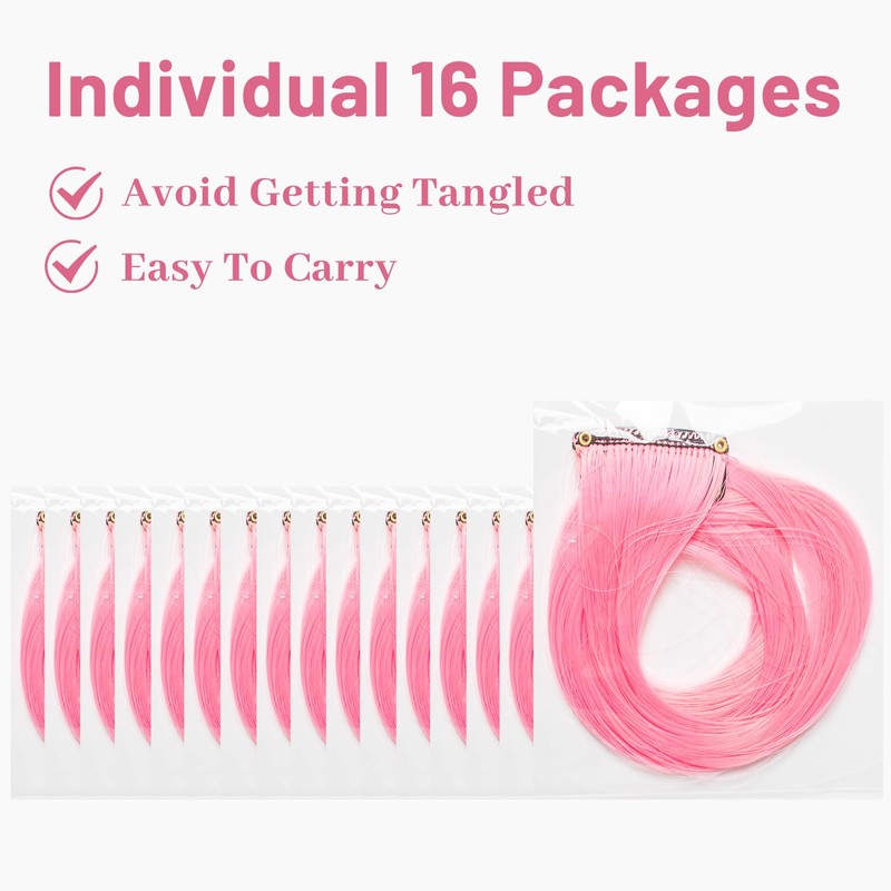 16 Pcs Pink Hair Extensions Curly Wavy Clip in Synthetic