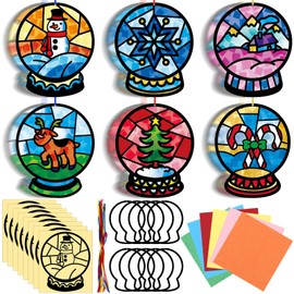 AmazingSpark 30 Pcs Christmas Snow Globe Suncatchers Paper Craft Set Snow Globe DIY Stained Glass Effect Tissue Paper Kits Gift Bulk for Xmas Classroom Activities Art Party Decor
