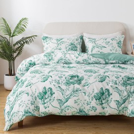 BedTreat Floral Duvet Cover Set Queen Size,3pcs Reversible Pattern-Solid Design Bedding Set,1 Duvet Cover with Zipper Closure & 8 Ties and 2 Pillow Shams,Soft(No Comforter)-Lisse,Agate Green