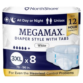 NorthShore MegaMax Adult Overnight Diapers, 12-Hour Tab-Style, 3X-Large, 8 Count Bag, White, 76-96 inches, Unisex Incontinence Underwear
