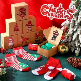 Langyiwee 60 Sets Christmas Socks Gift in Kraft Boxes with Window Operation Christmas Gift Bulk Items Kids Socks for Xmas Party