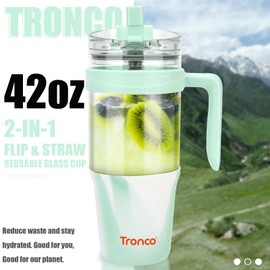 Tronco 40oz Glass Tumbler with Straw and Lid, Leakproof Flip Straw Glass Tumbler with Handle, Glass Water Bottles Fit in Cup Holder, BPA Free, Dishwasher Safe (Mixed Light Green)