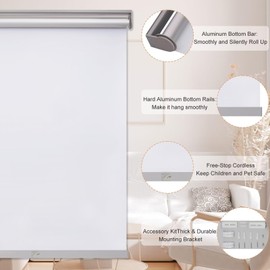 MYshade Free-Stop Cordless Roller Shades for Windows Room Darkening Roller Shades & Blinds Same Color Both Sides Fabric Pull Down Shades for Home Office Indoor Easy to Install White(31" W x 72" H)