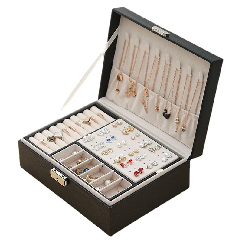 Jewelry Box Large Capacity Double Layer Black Jewelry Storage Case