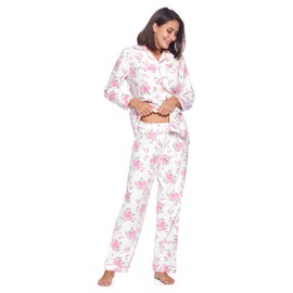 Casual Nights Women's Flannel Long Sleeve Button Down Pajama Set, White Pink Flower, 3XL