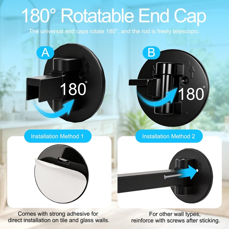AuraCyzirine Black Adjustable Shower Curtain Rod 35-62 Inch,180° Rotatable Ends,