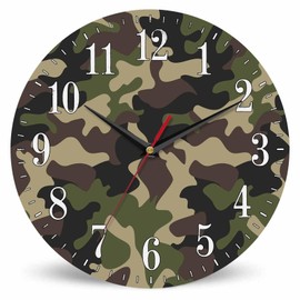 Mxocom Camouflage Wall Clock Classic Army Green Solider Woodland Print Brown Black 10 Inch Silent Non Ticking Battery Operated Clock Vintage Round Clock for Living Room Bedroom Bathroom Office Decor