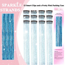 USHUIUS Hair Tinsel Clip in 12Pcs Hair Tinsel Clips Glitter Tinsel Hair Extensions Clip in Hair Tinsel Fairy Hair Tinsel Heat Resistant Sparkly Hair Accessories for Girls Women Kids (12Pcs SKY BLUE)