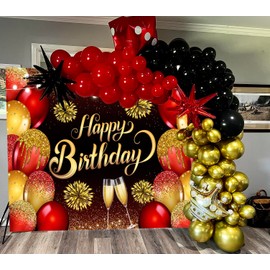 Red Birthday Backdrop 10x8ft Red and Gold Happy Birthday Photography Background for Women Girls Large Birthday Party Decorations Studio Photo Booth Props