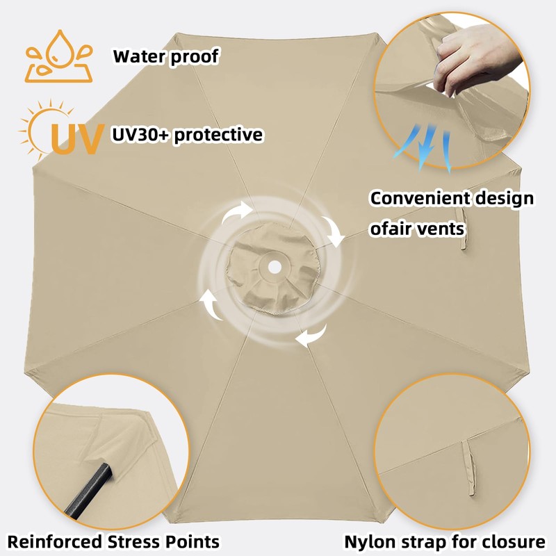 Jorohiker 9ft Patio Umbrella Replacement Canopy for 8 Ribs，Durable，Waterproof, UV-Resistant