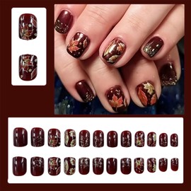 Thanksgiving Fall Press on Nails Short Square Fake Nails Maple Leaf Gold Glitter Polka Dots Acrylic Nails Press ons Cute Autumn Leaves Design False Nails Glue on Nails for Women Acrylic Nails Decor