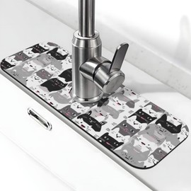 Almohadilla de succión para llave de cocina, gato y gatito, 1 alfombrilla para llave de fregadero, mango de llave, bandeja de secado para baño (15 x 5.5 pulgadas)