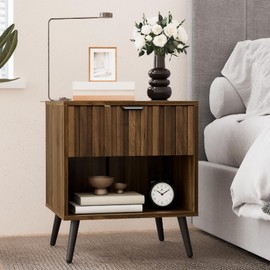 Smuxee Walnut Wooden Night Stand, Mid Century Nightstand with Fluted Drawer, Bedside Table with Open Shelf, Modern End Side Table for Bedroom