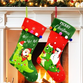 OurWarm Dinosaur Christmas Stocking 2 Pack, 18 INCH Christmas Stockings with Cute Santa Snowman Riding Dinosaurs, Red and Green Velvet Stockings for Boys Girls Mantel Tree Decorations