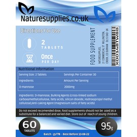 Naturesupplies D-mannose Tablets 1000mg, 60 Pack, Natural Ingredients, Coated Tablet, Easy to Swallow - Vegan Friendly, Manufactured in A GMP Facility…