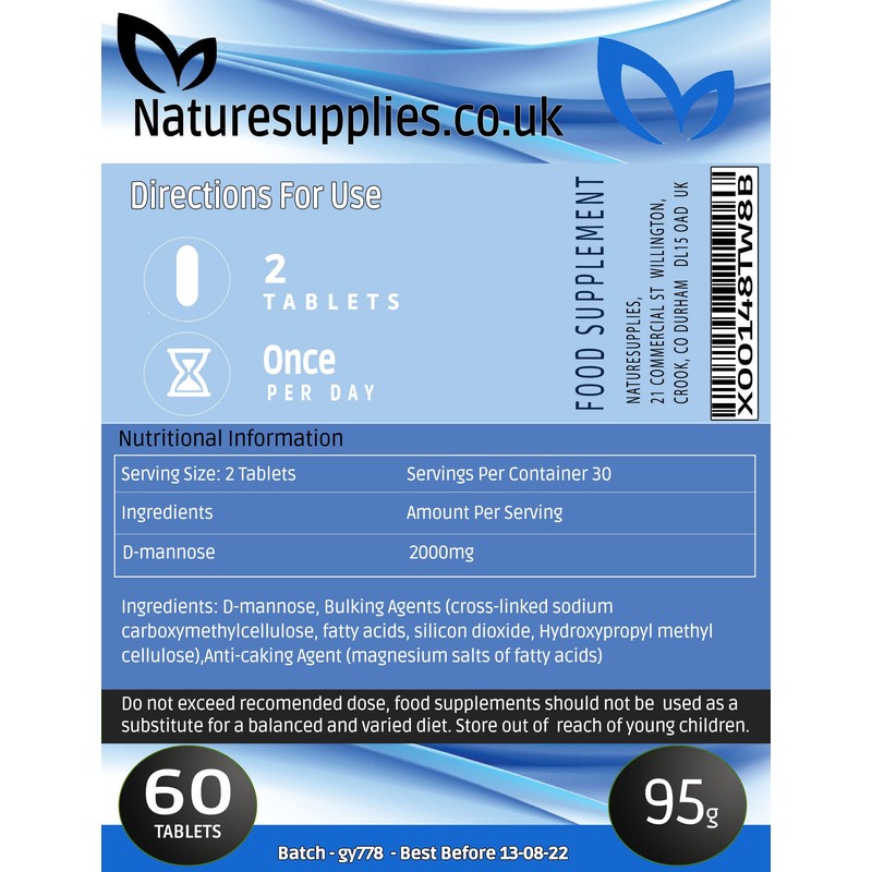 Naturesupplies D-mannose Tablets 1000mg, 60 Pack, Natural Ingredients, Coated Tablet,