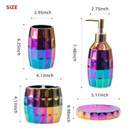 Rainbow Bathroom Accessory Set, Colorful/Gold Mosaic Ceramic Bathroom Accessories Sets Includes Lotion Dispenser, Toothbrush Holder Tumbler, and Soap Dish