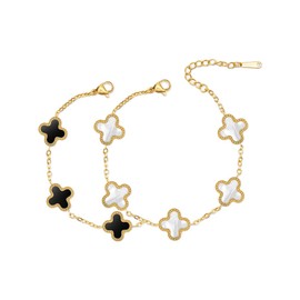 AOWVUTS 2 Piece Bracelet Women's Gold Four Leaf Clover Bracelet Set 18 Carat Gold-Plated Bracelet Stainless Steel Adjustable Lucky Charm with Clover Gold Jewellery Gift for Women Girls, Stainless