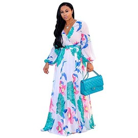 Nuofengkudu Womens Chiffon Deep V-Neck Stripe Printed Maxi Dress Unique Loose Summer Boho Dresses High Waisted (White) XL