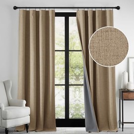 RYB HOME Linen Textured 100% Blackout Curtains for Bedroom, Insulating Energy Saving Window Curtains for Living Room Dining Patio Sliding Glass Door, Wide 52 x Long 108 inch, Burlap, 2 Panels