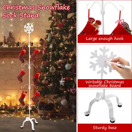 Tandefio Freestanding Christmas Stocking Holder 59 Inches Adjustable Metal Christmas Stocking Tree Stand Rack with 8 Hooks for Holiday Decorations Christmas Stocking Indoor (Snowflake,White)