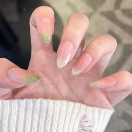 Hkanlre Almond Fake Nails Green Tips Full Cover False Medium French Nails Blushed Press on Gradient Nails for Women 24PCS
