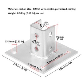 2 Pack Post Base Channel 10 Hole Square for 1-5/8” Strut, Carbon Steel, 2.8 lb/Unit, 0.22” Thickness, 6” x 6” Base, Durable Silver Lzmx-Channel Lzmx-Channel 1