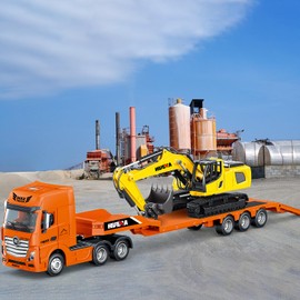 Dollox Diecast Flat Trailer Truck with Excavator Vehicles Toys 1/50 Scale Metal Engineering Site Trailer Truck High Detail Construction Model Collection Decoration Toy Gifts for Kids