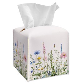 Wildflowers Tissue Box Cover Square, Colorful Flowers Tissue Box Holder with Bottom Belt, Leather Facial Paper Organizer for Bathroom Vanity Countertop, Nightstands, Dining Table, Office, Car -20