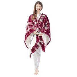 Beautyrest Reversible Faux Sherpa to Fleece Electric Wrap Poncho Blanket Shawl Wearable, Auto Shut Off, Virtually Zero EMF, Multi Heat Setting, UL Certified, Machine Washable, Red Plaid 50" x 64"