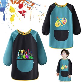 Funmo Children's Craft Smocks, Pack of 2, Waterproof Aprons for Kids Age 6-12, Art Smock with Pocket, Green, Unisex