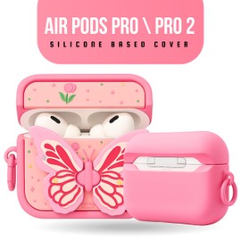 AirPods Pro 2 Case Cover with Cleaner Kit, Shockproof Protective Silicone Case for AirPods Pro 2nd Generation with Keychain, Wireless Charging Compatible Dustproof Cover (Butterfly Kitty)