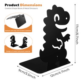 Dinosaur Metal Bookends, Bookends, Book Holder with Non-Slip Feet, Book Holder Shelf for Office, School, Home, 17 x 12 x 10 cm / 6.7 x 4.7 x 3.9 inches, Black, 1 Pair