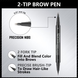 Microblading Eyebrow Pencil, 2-in-1 Dual Ended Eyebrow Pen with 4-Fork-Tip & Precise Brush-Tip, Waterproof Brow Pencil with Hair Like Strokes for Perfect Long Lasting Eyebrows Make up (Light Brown)