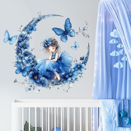 2 Sheets Princess Wall Decals for Girls Bedroom Blue Butterfly Stickers for Walls Removable Fairy Room Decor Peel and Stick with Sparkling Moon & Flowers Nursery Decal for Kids Playroom