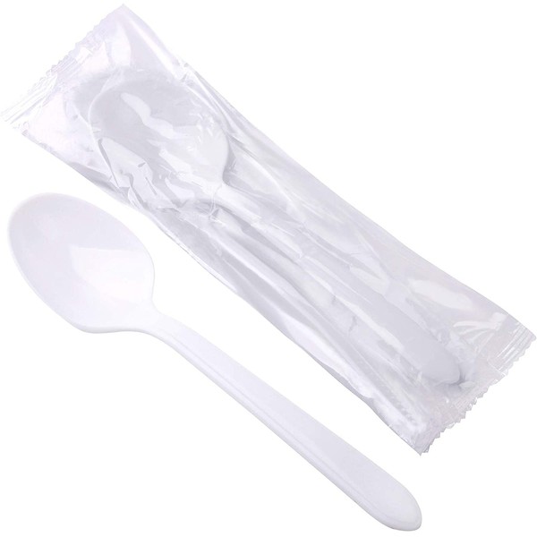 Light-Weight Disposable Plastic Spoons individual package 100 Pack (White)