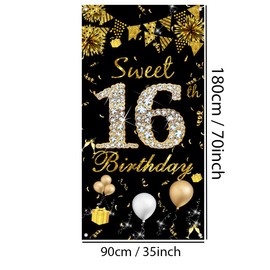 Cute 16th Birthday Decorations for Girls, Cute 16th Birthday Banner Black and Gold, Fabric Sign 16th Birthday Poster, 16th Birthday Door Banner for Girls Birthday Party Supplies