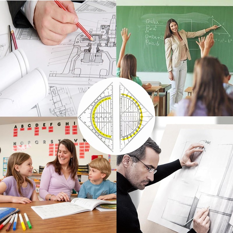 Geometry Triangle, Set of 4 Plastic Protractors, Set Squares, Drawing