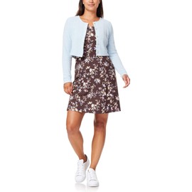 WallFlower Women's 2-Piece Sweater and Dress Set, Elegant Teacher Looks, Dark Brown Floral, Light Blue Cardigan, XS