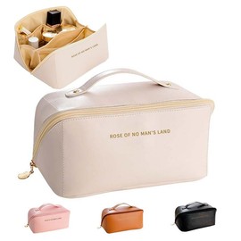 Grande trousse de maquillage de Voyage Pour Femme - Grande trousse de maquillage imperméable en Cuir synthétique - Portable et multifonction - sac organisateur de Voyage (White)