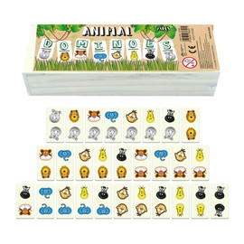 HENBRANDT Animal Dominoes Set for Children – 28 Pieces in Wooden Box – Traditional Kids Domino Matching Game with Jungle Animals