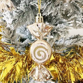 6 PCS Christmas Tree Decorations Glitter Decorated 10CM Mini Sweet Shaped Baubles, Christmas Candy Ornaments Candy Cane Christmas Tree Glitter Hanging Ornaments, Champagne Gold